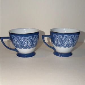Bombay Co Set 2 Arabesque Tile Tea Cups Blue White Silver Trim Chinoiserie